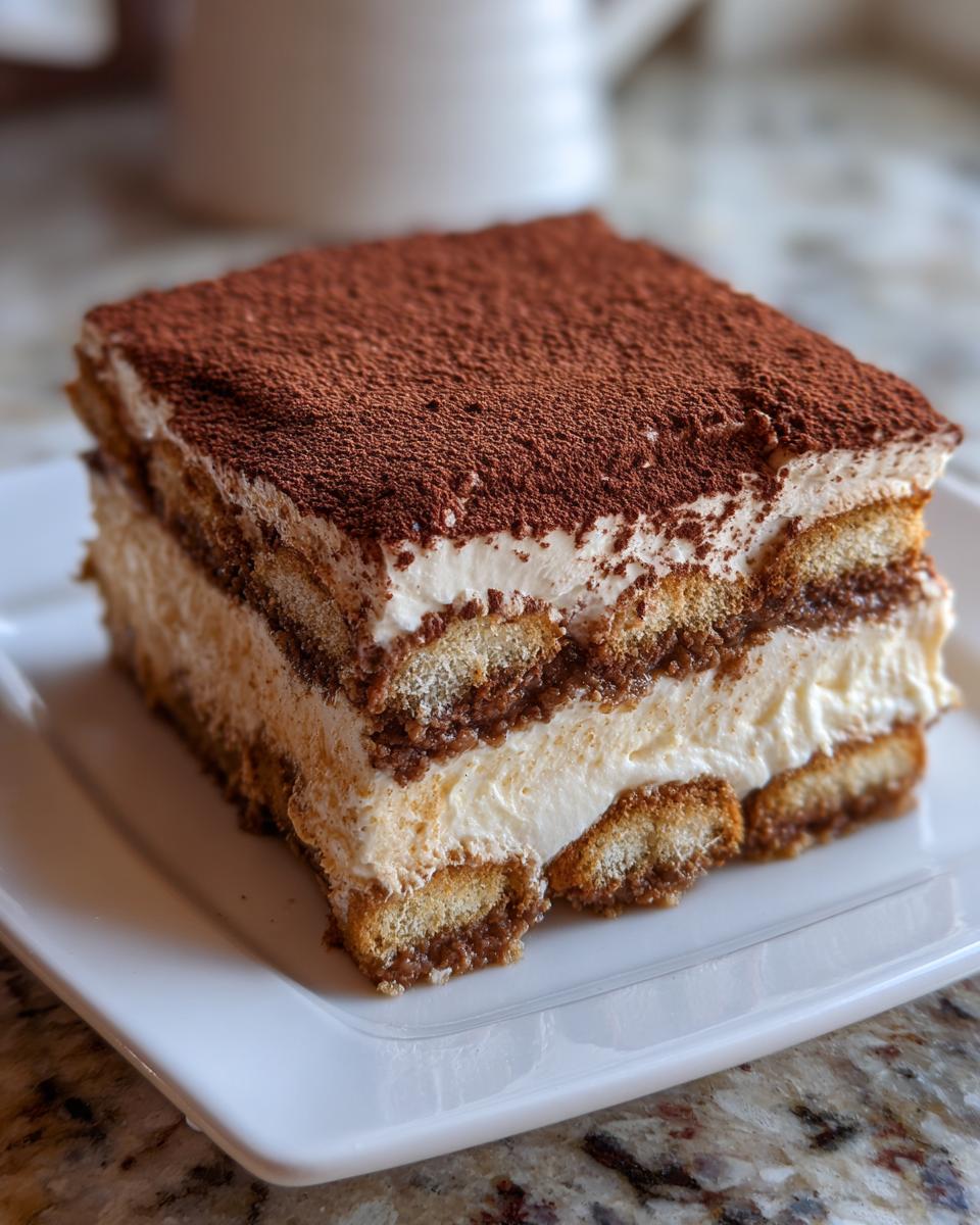 A square slice of layered tiramisu recipe with ladyfingers, cream, and a dusting of cocoa powder.