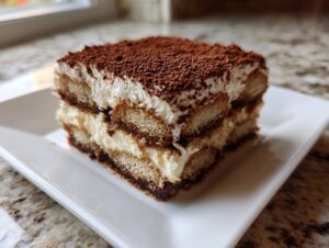 A close-up of a perfectly layered slice of tiramisu recipe, dusted heavily with cocoa powder.