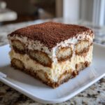 A square slice of rich tiramisu recipe featuring layers of coffee-soaked ladyfingers and creamy mascarpone, dusted with cocoa powder.