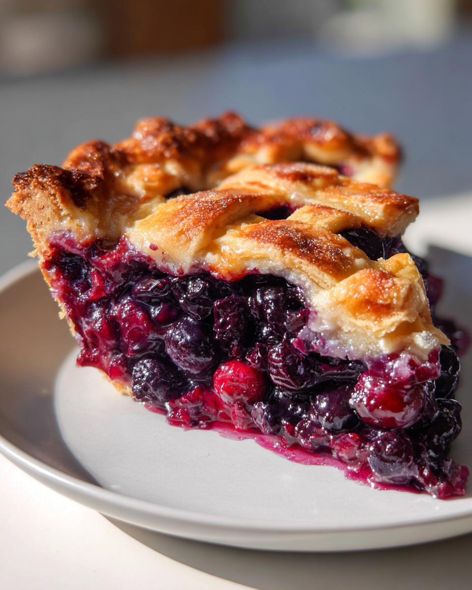 A close-up of one perfect slice of triple berry pie showing juicy filling and golden lattice crust.