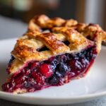 Close-up of a juicy slice of triple berry pie featuring a vibrant berry filling and golden lattice crust.