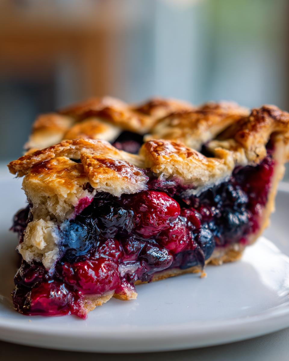 Close-up of a generous slice of triple berry pie showing juicy filling and golden lattice crust.