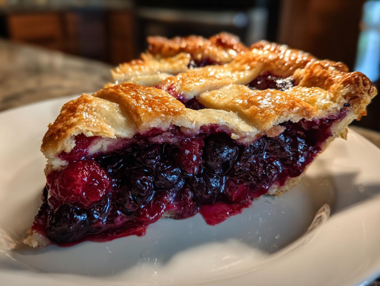 Close-up of a juicy slice of triple berry pie with a golden lattice crust on a white plate.