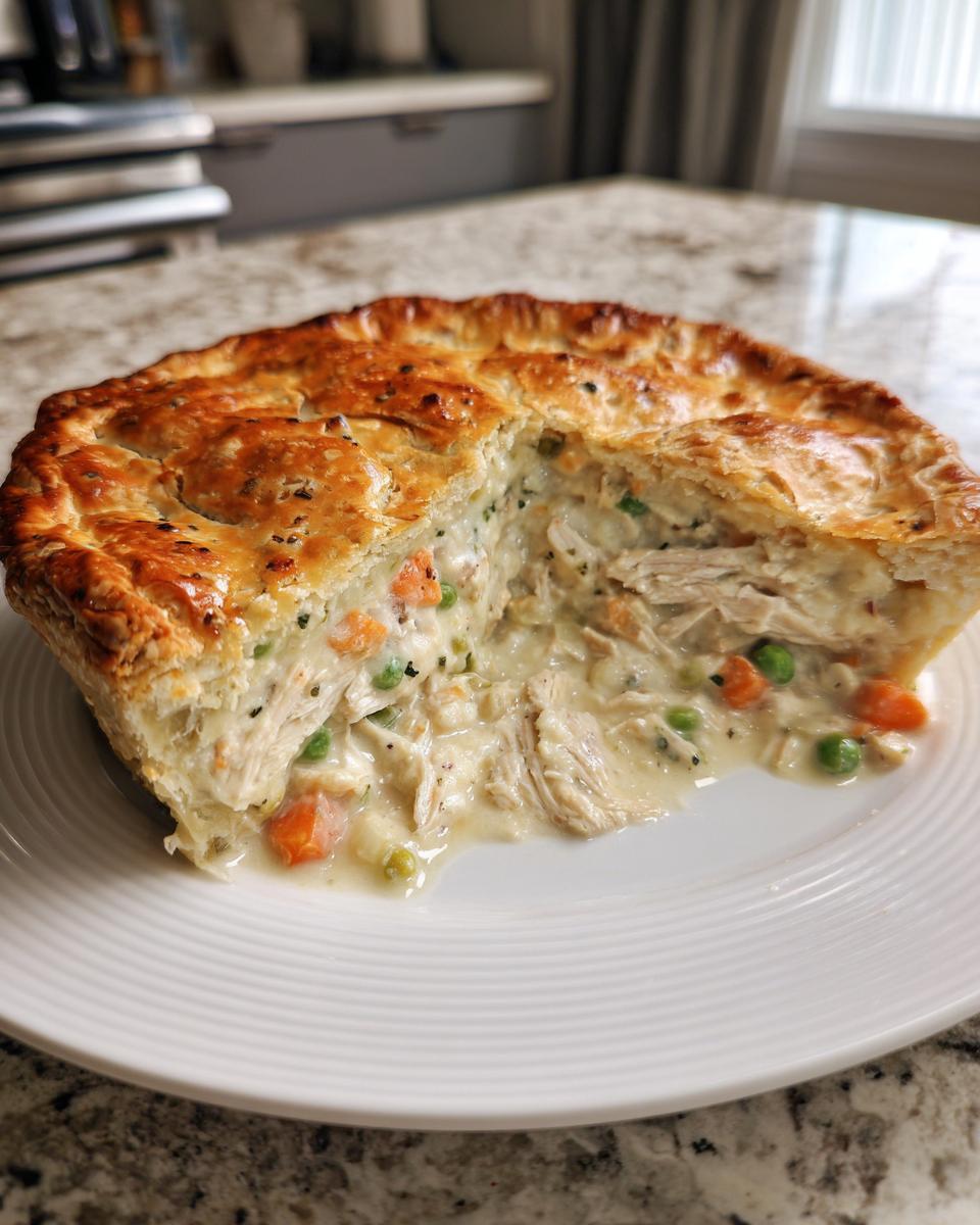 A close-up of a slice of turkey pot pie recipe showing creamy filling, shredded turkey, peas, and carrots under a flaky golden crust.