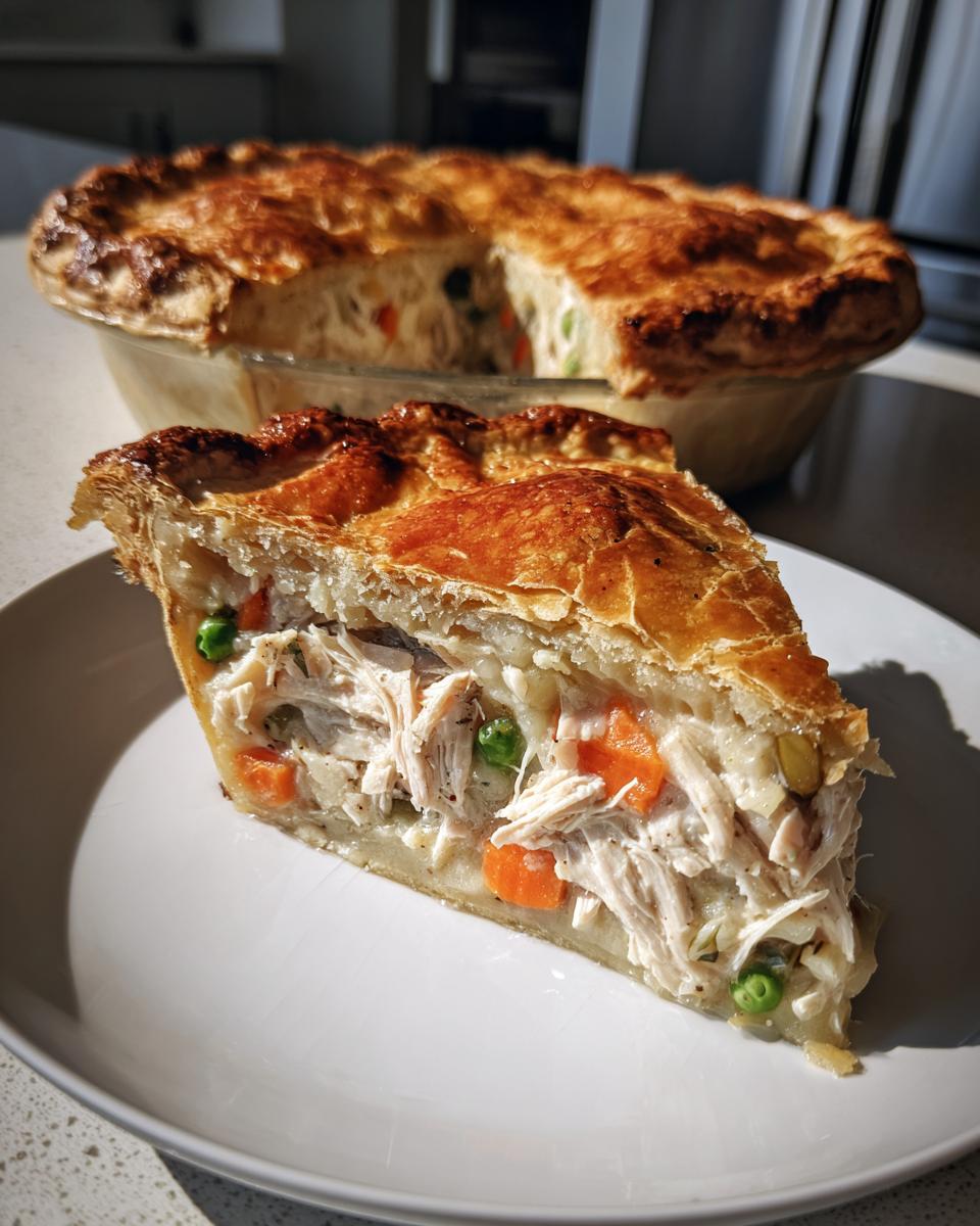 A close-up slice of turkey pot pie recipe showing shredded turkey, carrots, and peas in a creamy sauce under a flaky crust.