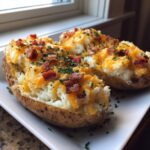 Two halves of a twice baked potato stuffed with creamy filling, melted cheddar cheese, bacon bits, and chives.