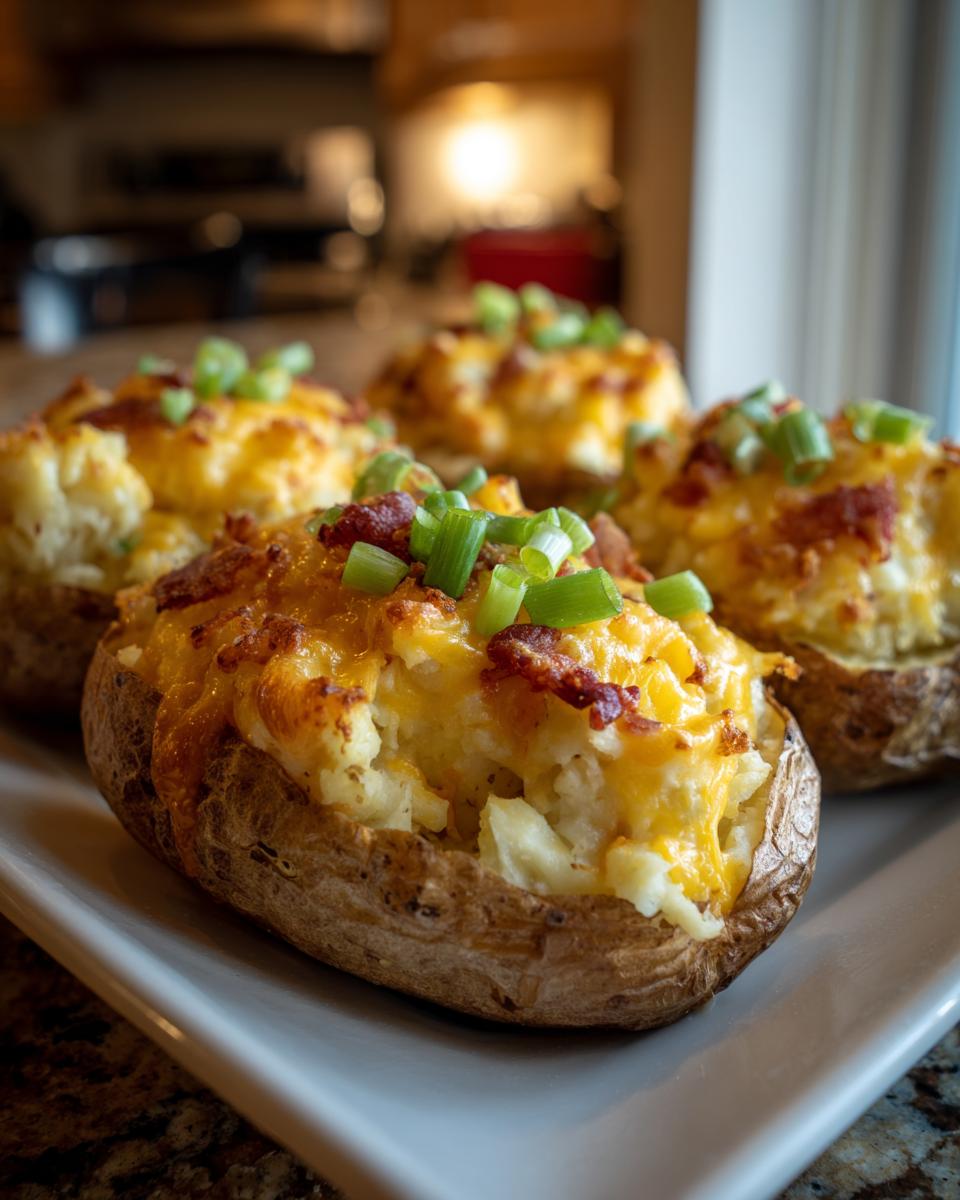 Four delicious twice baked potatoes topped with melted cheddar cheese, bacon bits, and fresh green onions.