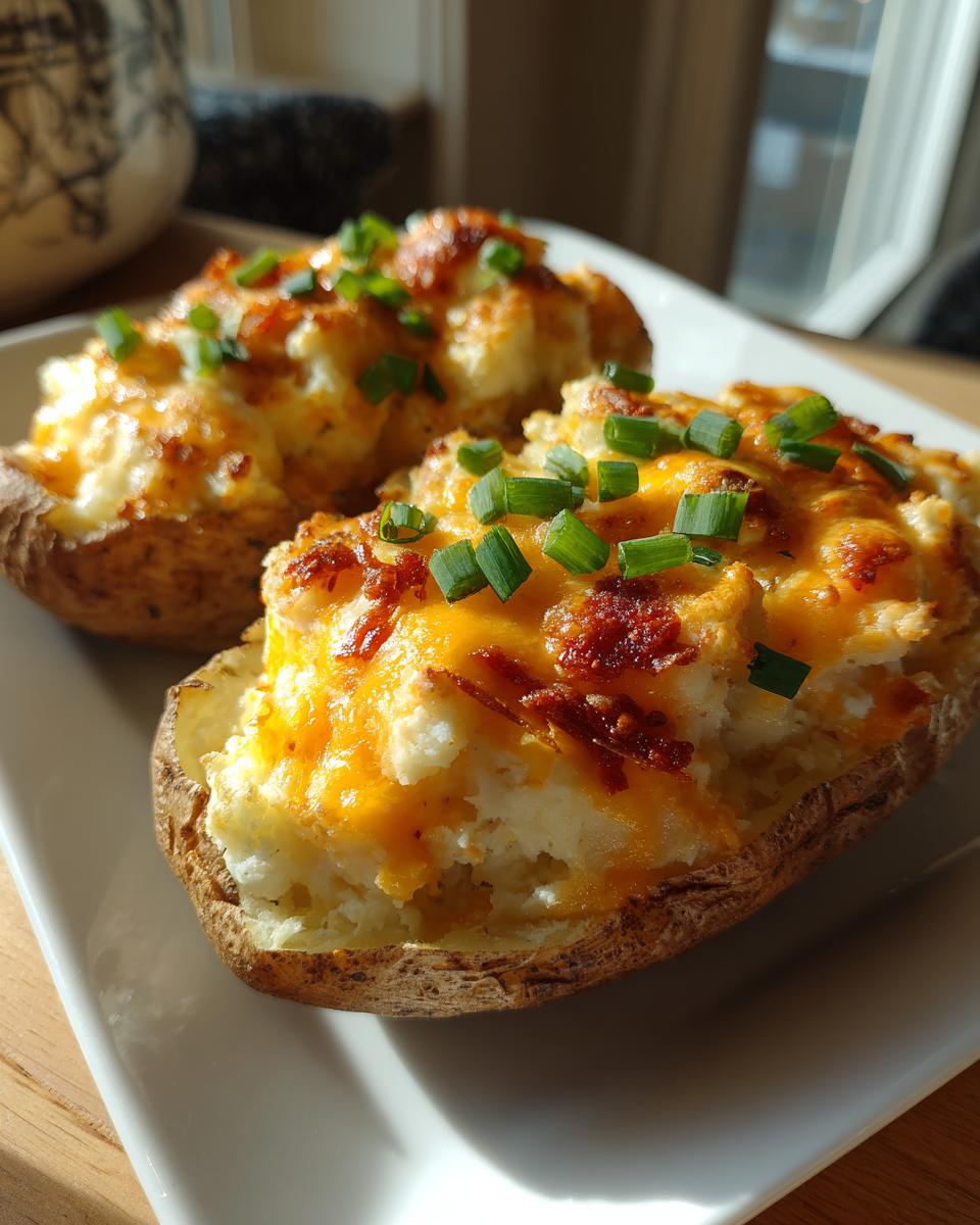 Two golden twice baked potatoes loaded with mashed filling, melted cheddar cheese, bacon bits, and fresh chives.
