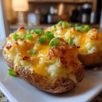 Two perfectly cooked twice baked potatoes topped with melted cheddar cheese and fresh green onions.