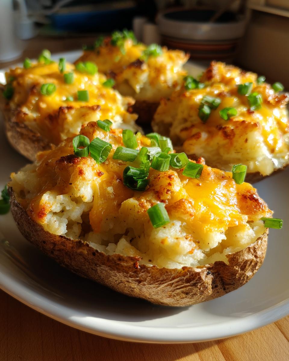 Close-up of cheesy, twice baked potatoes topped with fresh green onions, ready to eat.