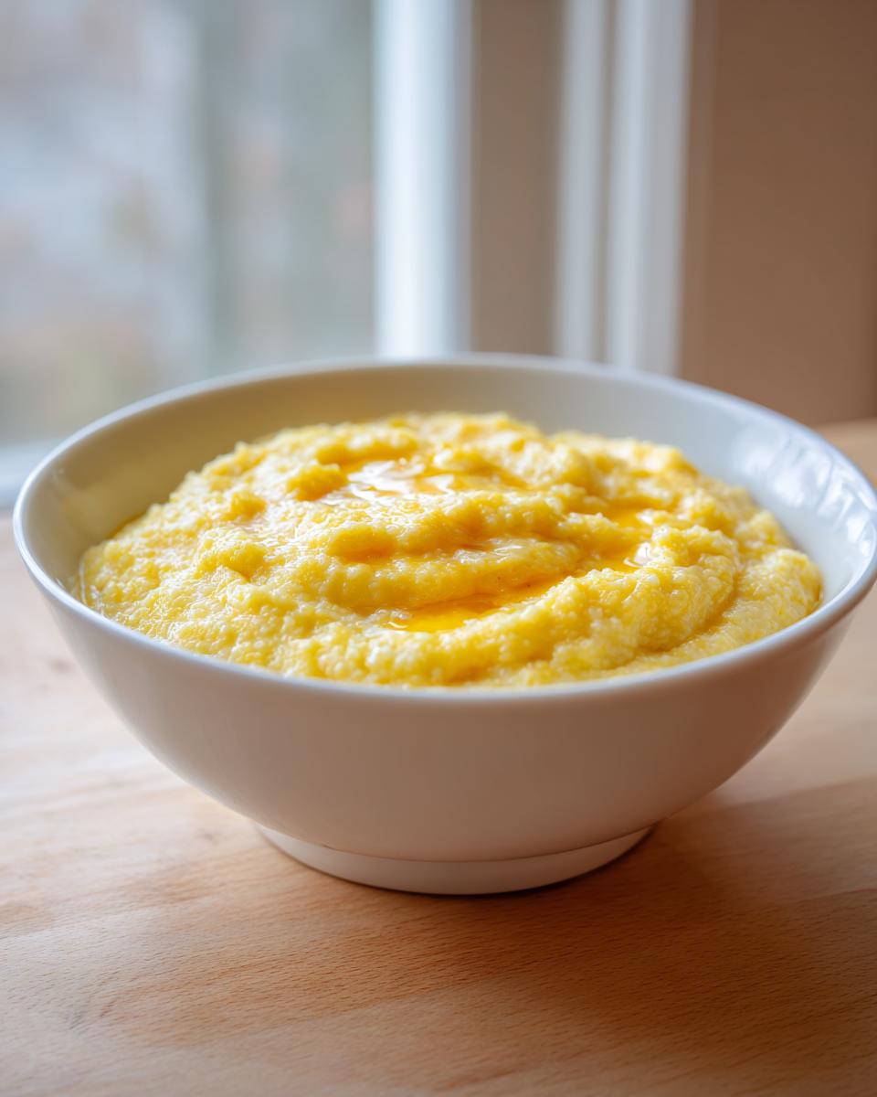 A white bowl filled with creamy, yellow ultimate cheese grits topped with a pool of melted butter.