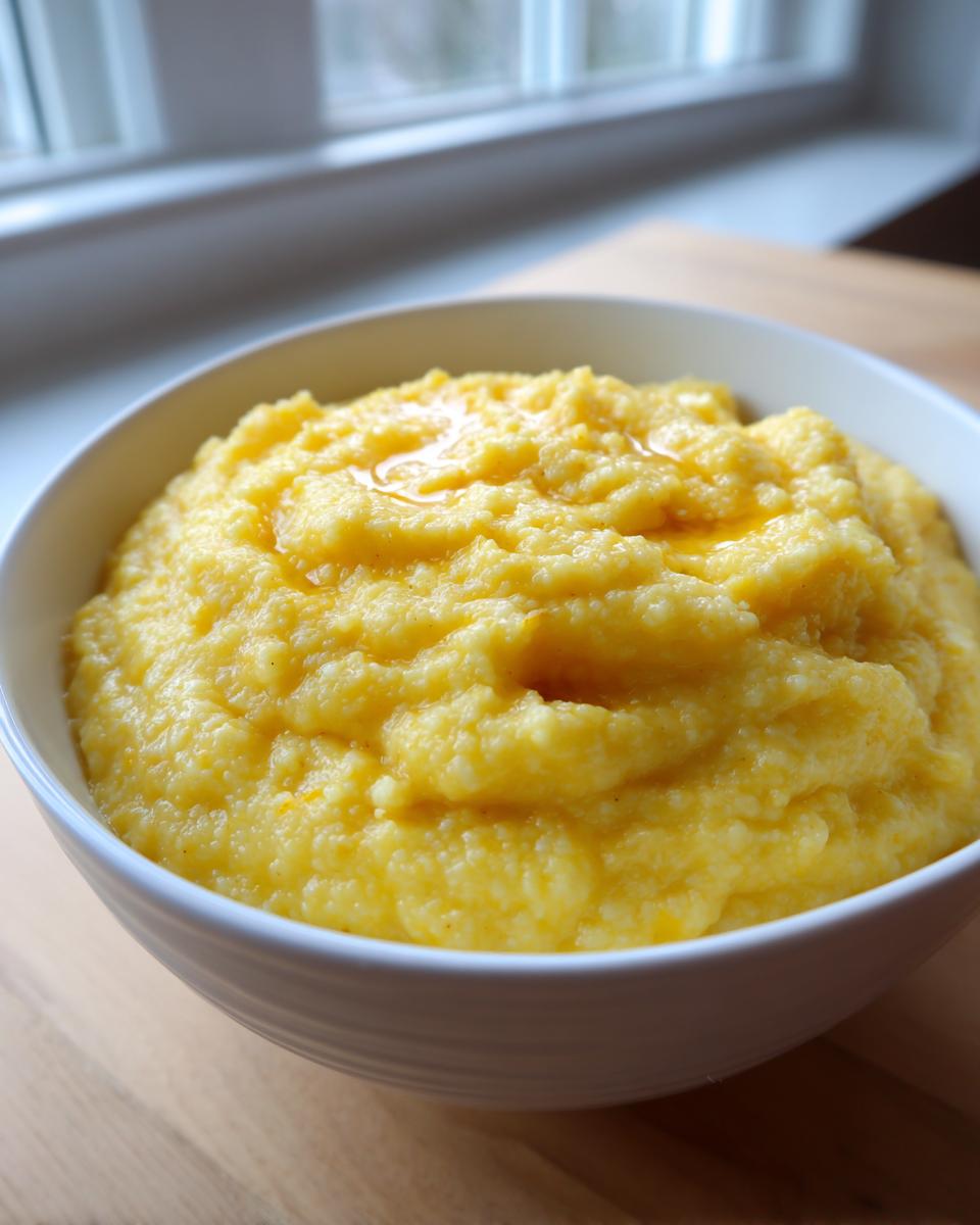 Close-up of a white bowl filled with creamy, bright yellow cheese grits topped with melted butter.