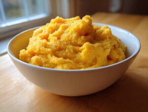 A white bowl filled high with fluffy, bright yellow, creamy cheese grits sitting on a wooden surface near a window.