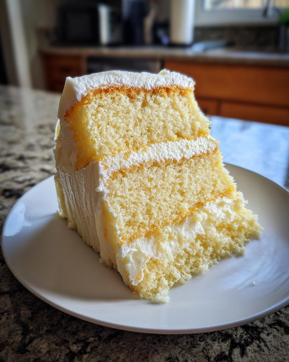A tall, two-layer slice of moist vanilla cake recipe covered in thick white buttercream frosting, served on a white plate.