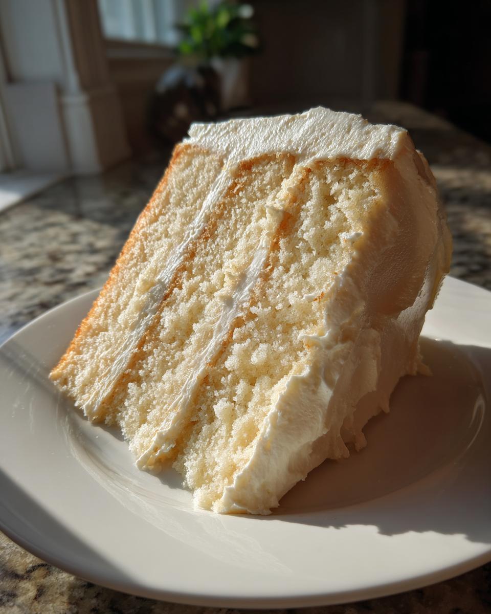 A close-up slice of moist vanilla cake recipe layered with white frosting, sitting on a white plate in bright sunlight.