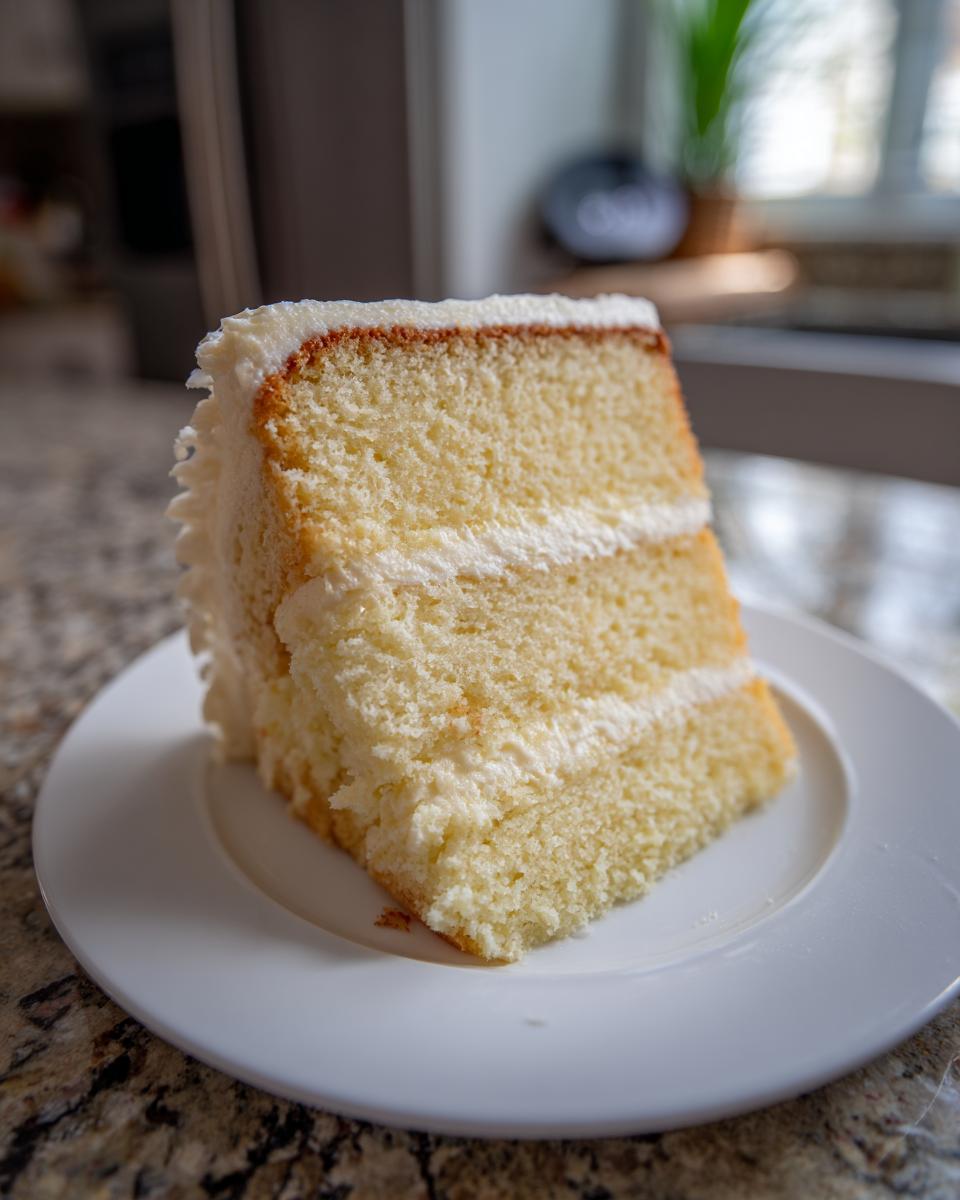A close-up of a tall, three-layer slice of vanilla cake recipe with white buttercream frosting on a white plate.