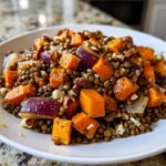 A close-up of a hearty veggie lentil salad featuring roasted orange sweet potatoes, purple onion, and pecans.