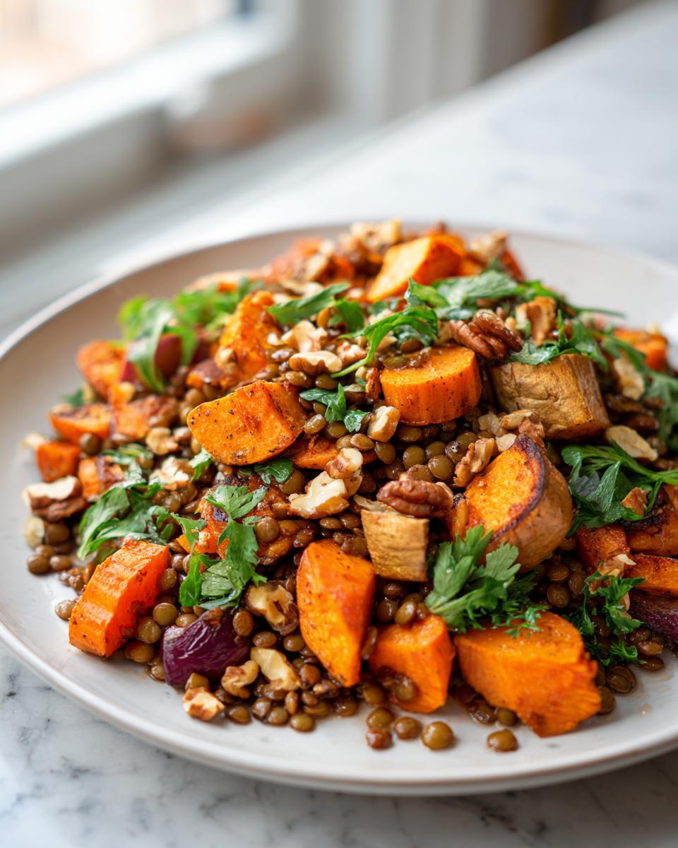 Close-up of a hearty veggie lentil salad featuring roasted sweet potatoes, lentils, pecans, and fresh parsley.