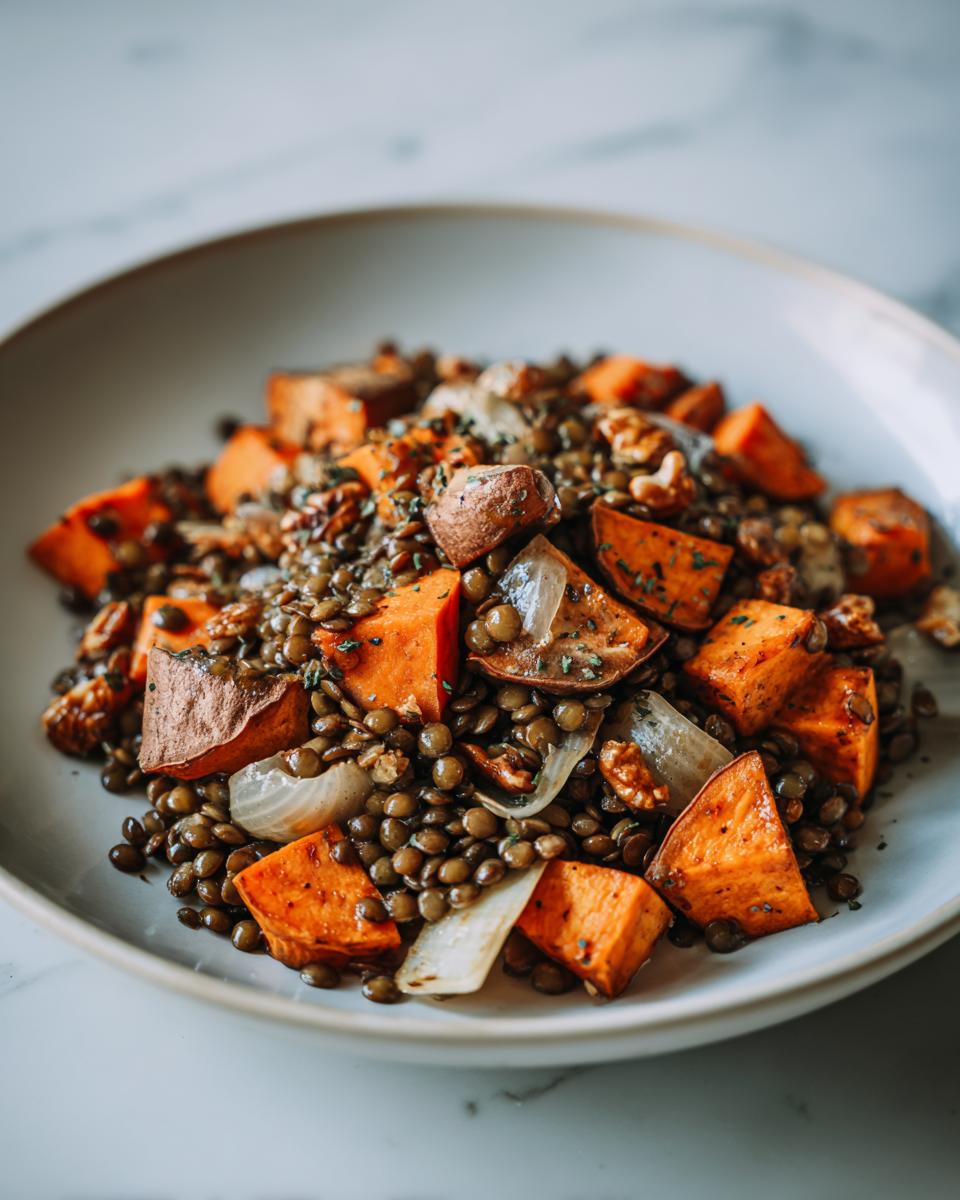 Close-up of a bowl of warm veggie lentil salad featuring lentils, roasted sweet potatoes, onions, and walnuts.