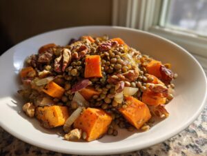 A close-up of a warm veggie lentil salad featuring green lentils, roasted sweet potato cubes, onions, and pecans in a white bowl.