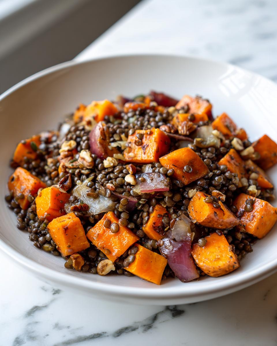 Close-up of a hearty veggie lentil salad featuring dark lentils, roasted orange sweet potato cubes, red onion, and chopped nuts.