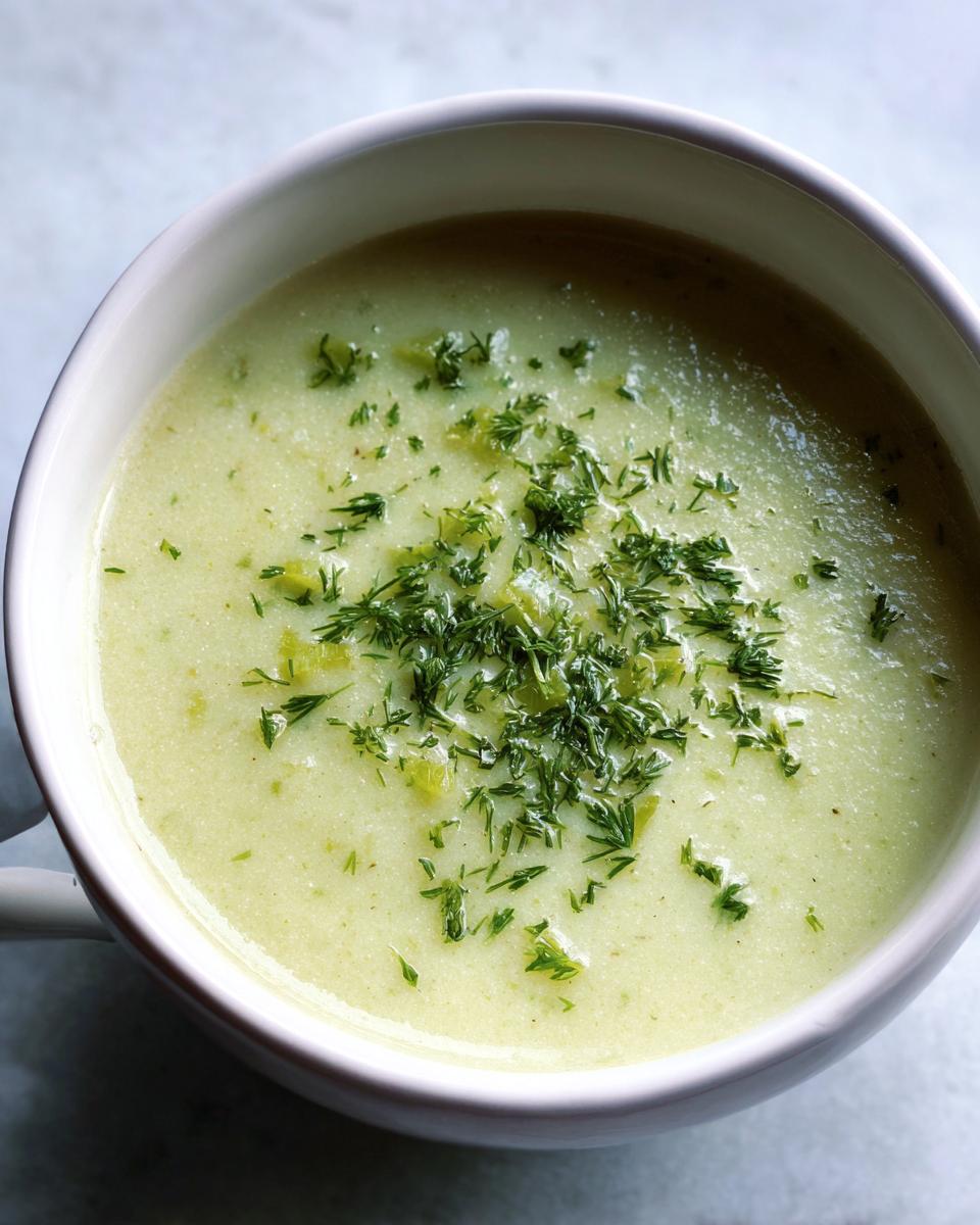 Close-up of a bowl of creamy, velvety leek soup topped with chopped green herbs.