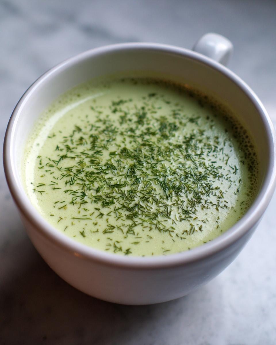 Close-up of a creamy, pale green leek soup served in a white mug and garnished generously with chopped fresh dill.