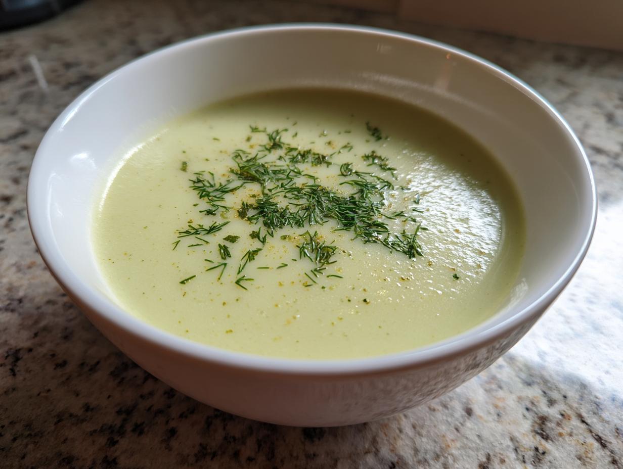 Close-up of a bowl of velvety leek soup garnished with fresh dill and spices.