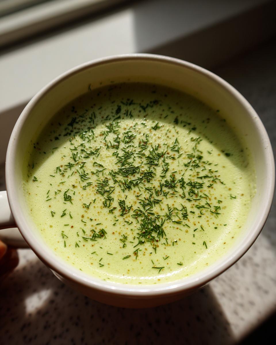Close-up of a creamy, pale green velvety leek soup topped with fresh chopped dill.