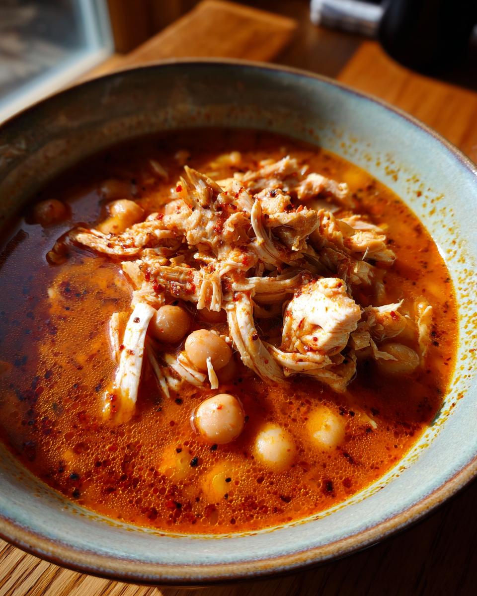 Close-up of a steaming bowl of rich, red chicken pozole featuring shredded chicken and hominy kernels.