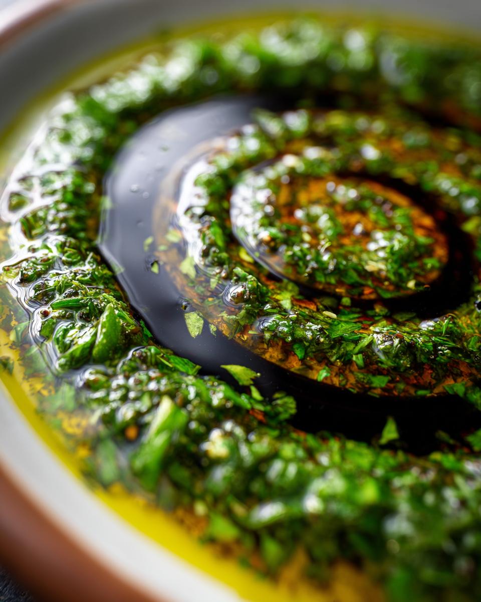 Close-up of a vibrant green herb mixture swirling into olive oil for an olive oil bread dip.