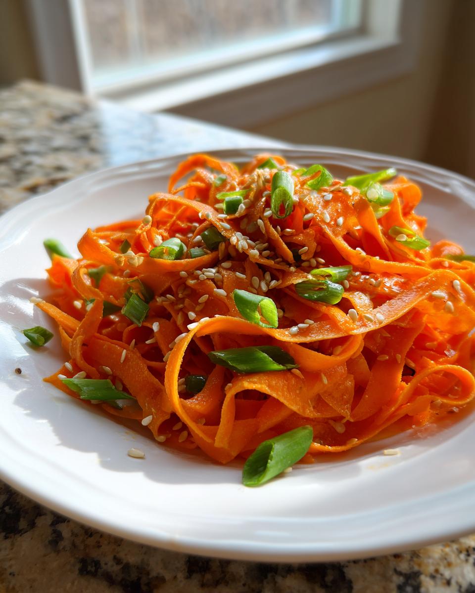 Close-up of a bright orange raw carrot salad made with shaved ribbons, topped with sesame seeds and chopped green onions.