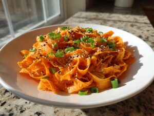 A bright orange raw carrot salad made with shaved ribbons, topped with sesame seeds and chopped green onions.
