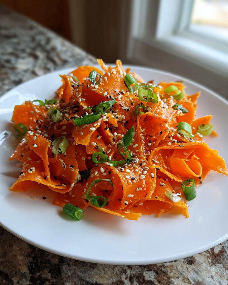 A close-up of a vibrant raw carrot salad made with shaved carrots, topped with sesame seeds and chopped green onions.