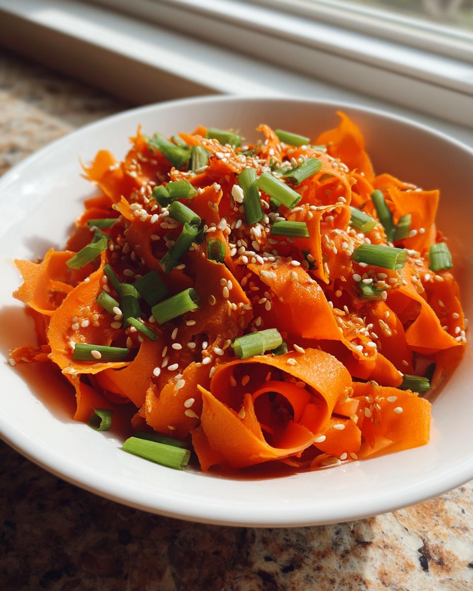 Close-up of a bowl of vibrant raw carrot salad made with shaved carrot ribbons, topped with sesame seeds and chopped green onions.