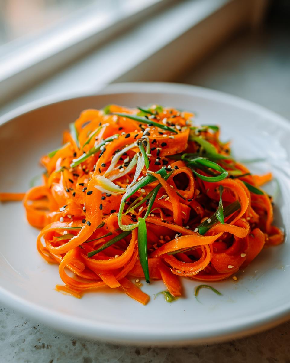 Close-up of a vibrant raw carrot salad featuring shaved carrot ribbons, green onions, and black and white sesame seeds.