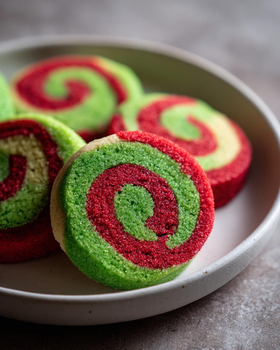 Close-up of several vibrant red and green pinwheel cookies arranged in a shallow white bowl.