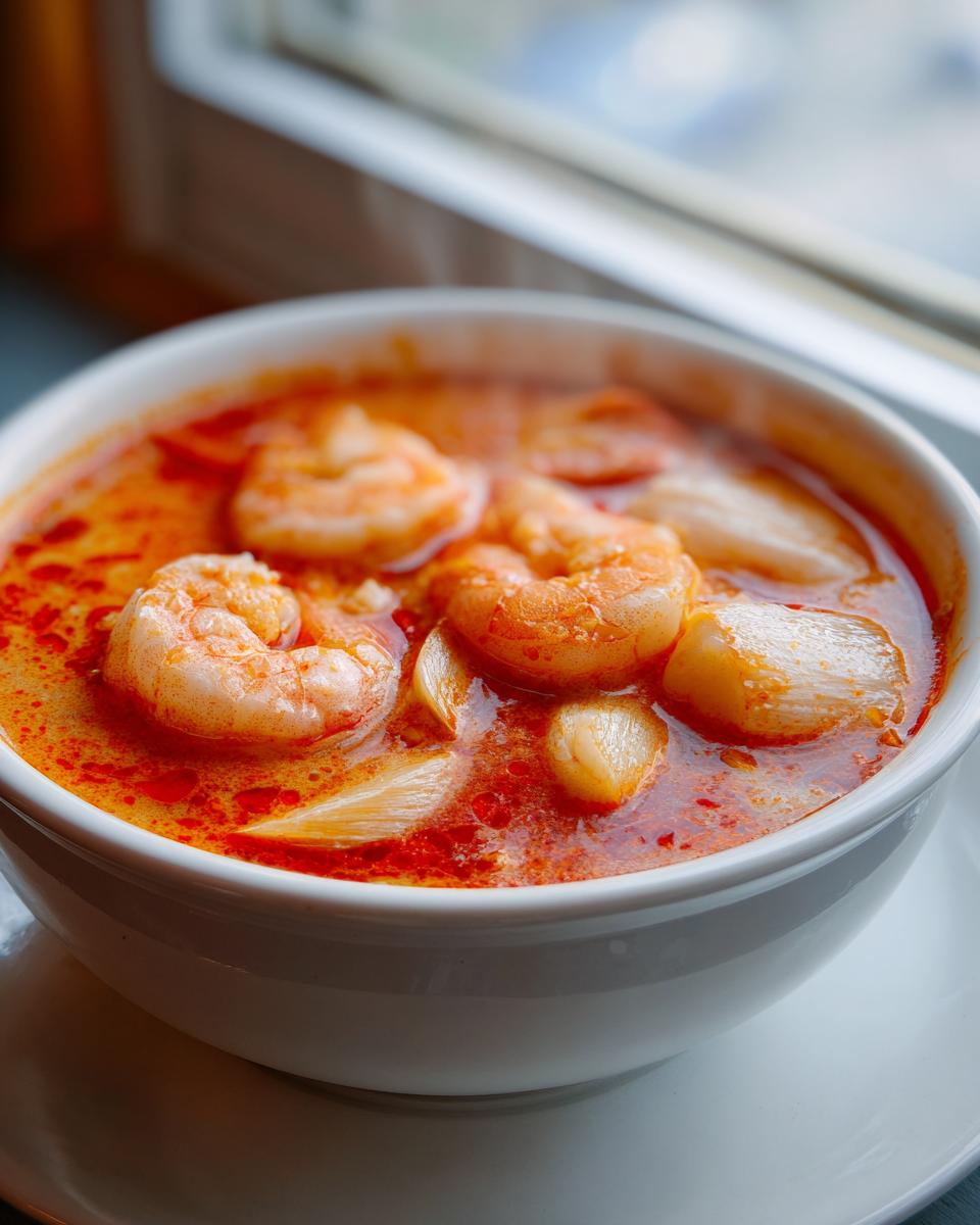 Close-up of a steaming white bowl filled with rich, red-orange tom yum soup featuring several plump shrimp and mushrooms.
