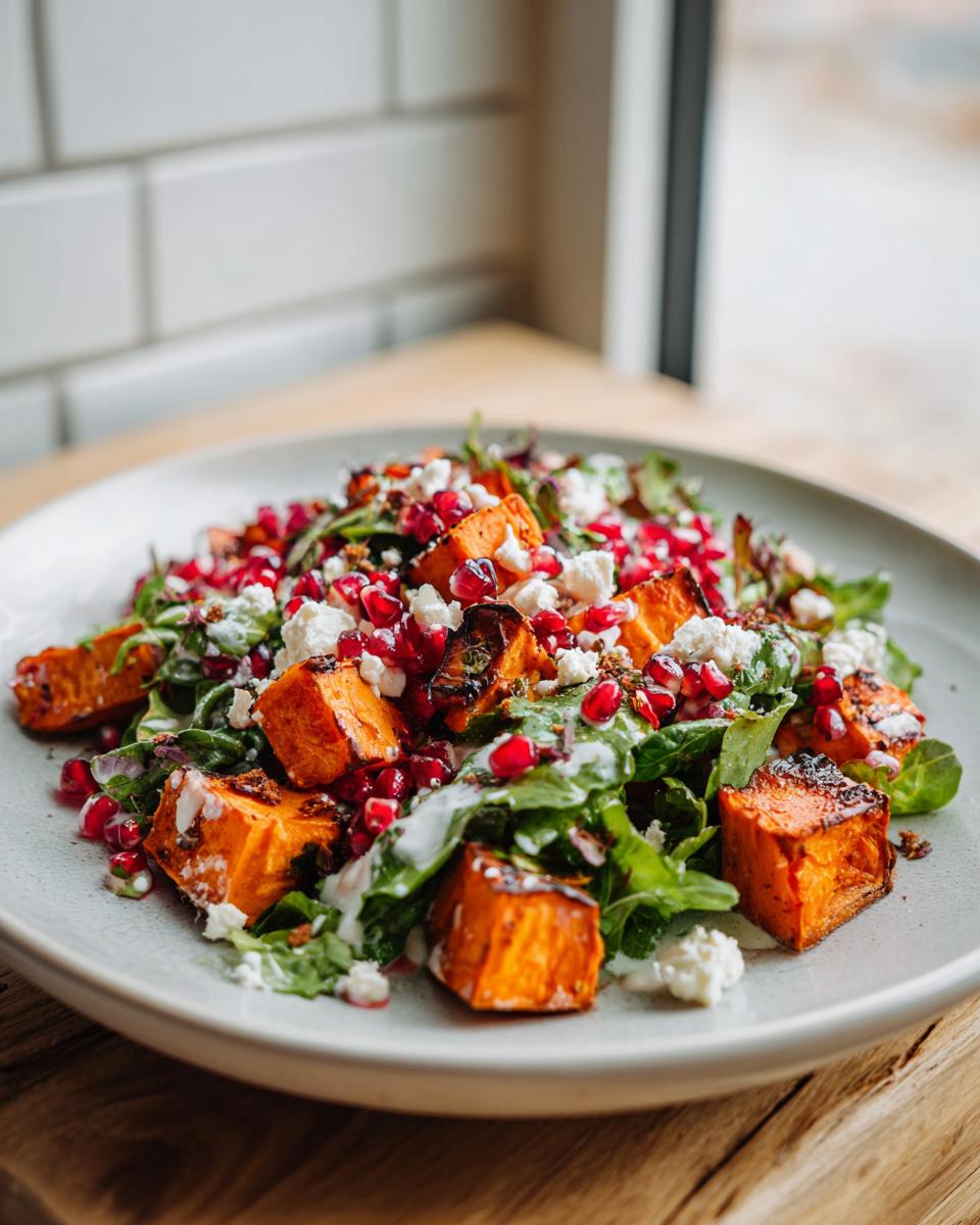 Close-up of a vibrant sweet potato salad featuring roasted sweet potato cubes, greens, feta cheese, and bright pomegranate seeds.