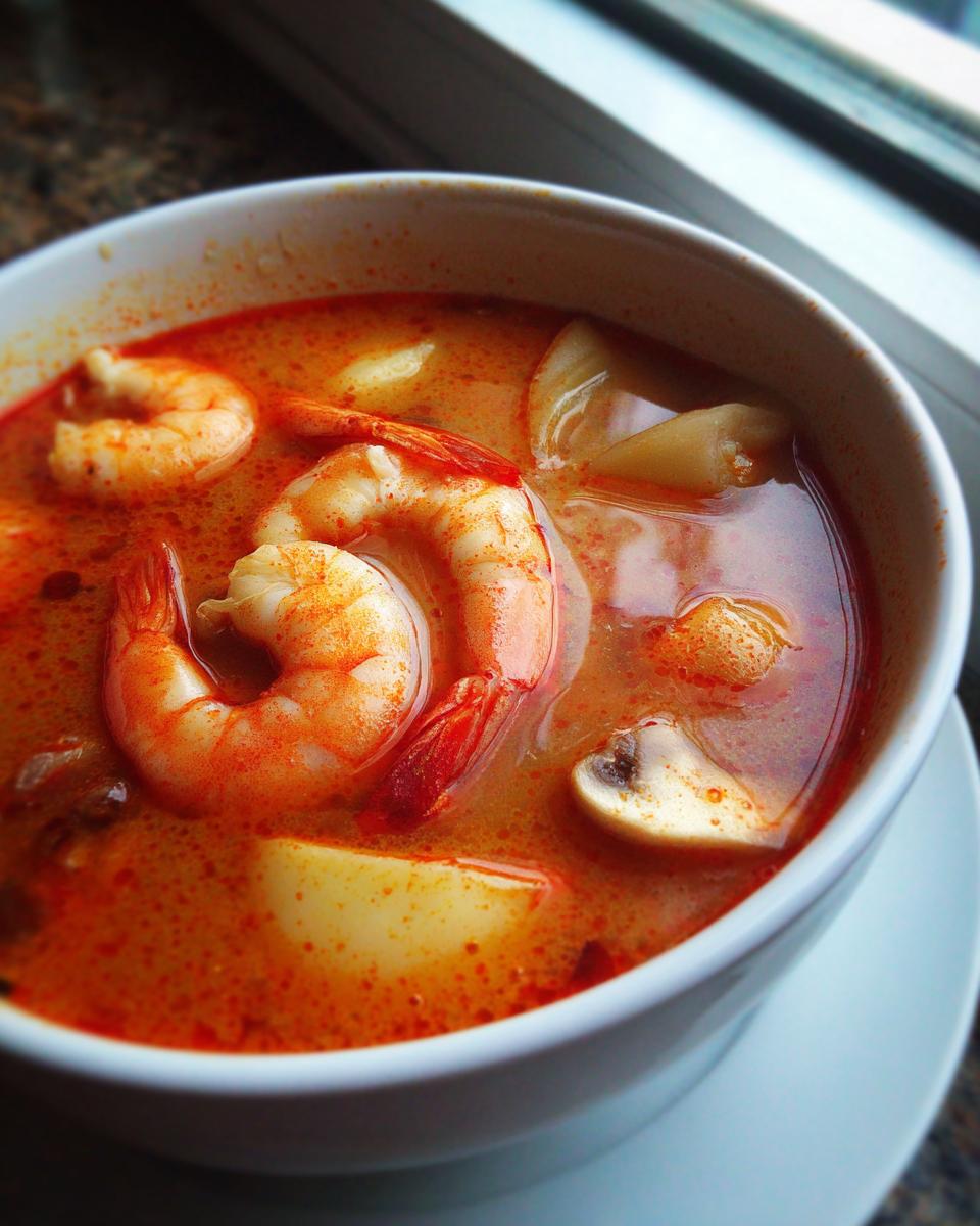 Close-up of a white bowl filled with bright orange tom yum soup featuring large cooked shrimp and sliced mushrooms.