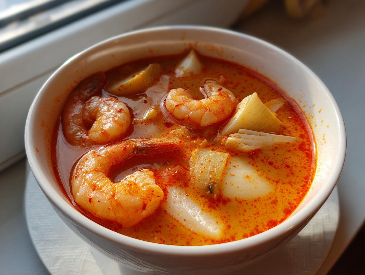 Close-up of a white bowl filled with bright orange, spicy tom yum soup featuring large cooked shrimp and white pieces of mushroom or galangal.
