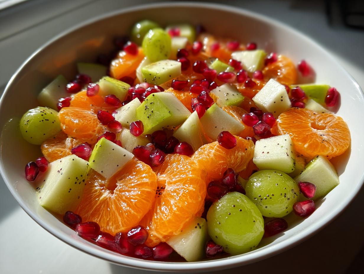 Close-up of a vibrant winter fruit salad featuring mandarin segments, green grapes, apple chunks, and pomegranate seeds.