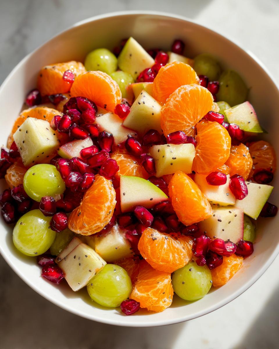 Close-up of a bright winter fruit salad featuring mandarin orange segments, green grapes, apple chunks, and ruby red pomegranate seeds.