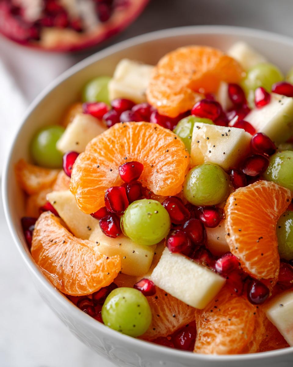 Close-up of a vibrant winter fruit salad featuring mandarin orange slices, green grapes, pomegranate seeds, and diced apples.