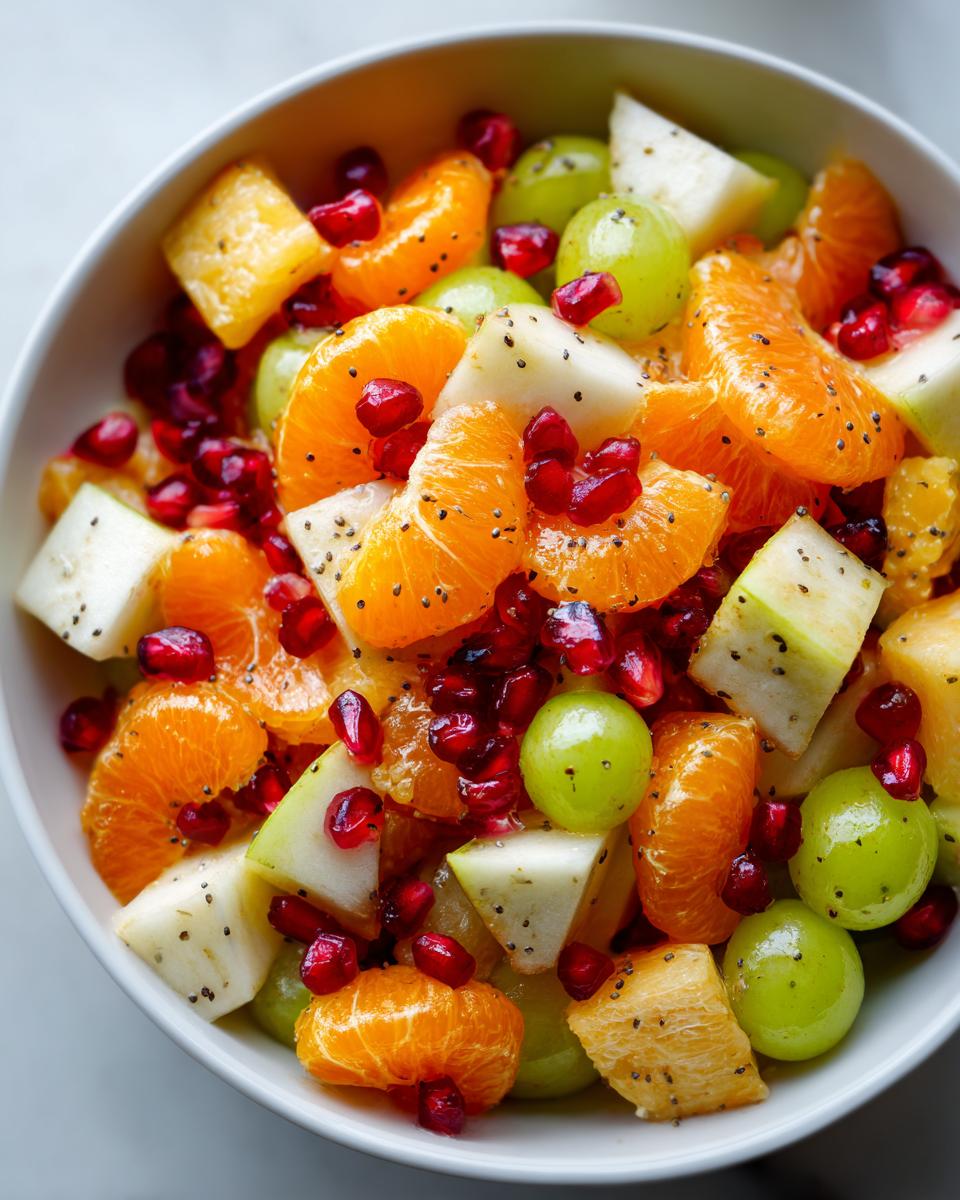 Close-up of a vibrant winter fruit salad featuring mandarin segments, green grapes, diced pears, and bright red pomegranate seeds.
