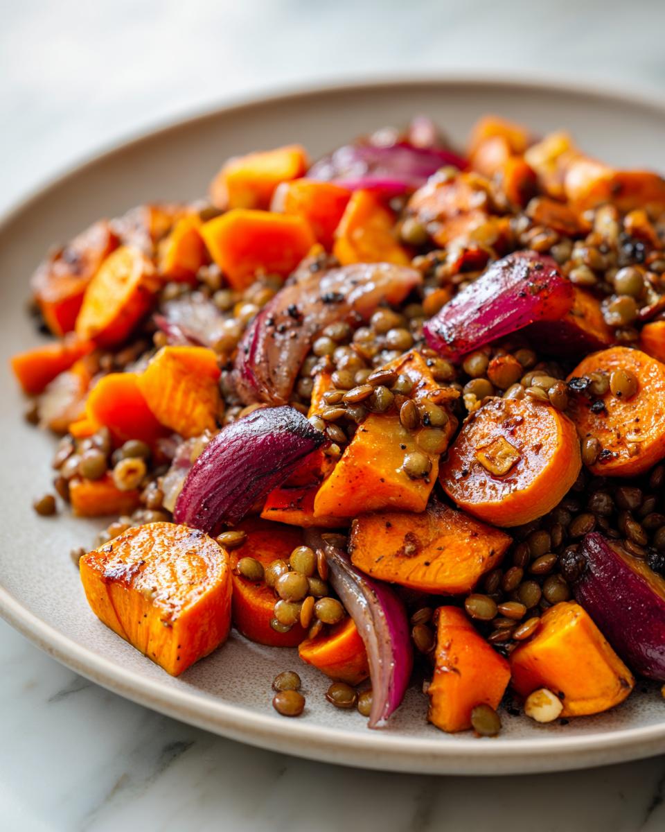 Close-up of a warm veggie lentil salad featuring roasted sweet potatoes, red onions, and brown lentils on a plate.