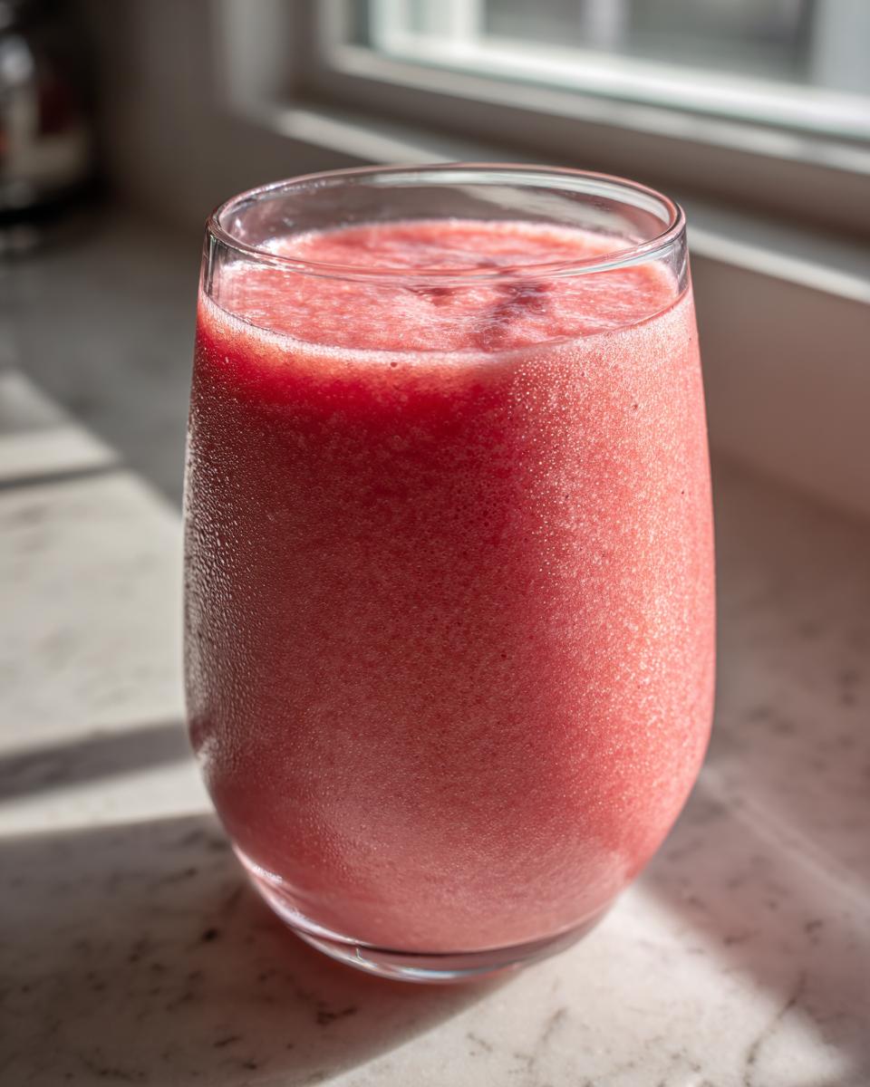 A tall glass filled with a vibrant pink, frosty watermelon smoothie sitting on a counter near a window.