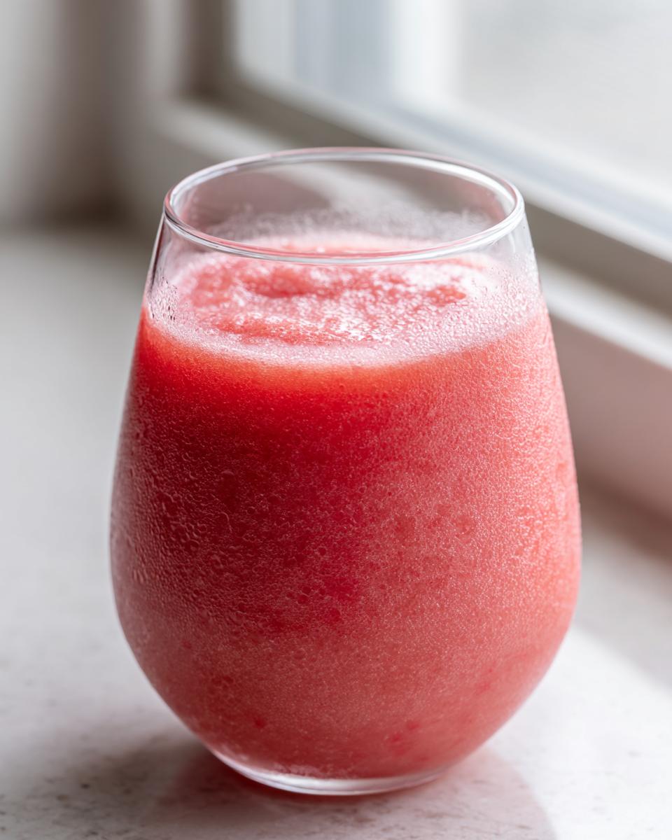 Close-up of a frosty glass filled with a vibrant pink watermelon smoothie, condensation visible on the glass.