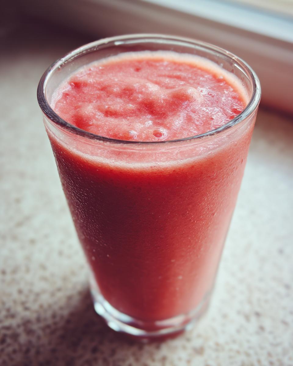 A close-up of a frosty glass filled with a vibrant red watermelon smoothie.