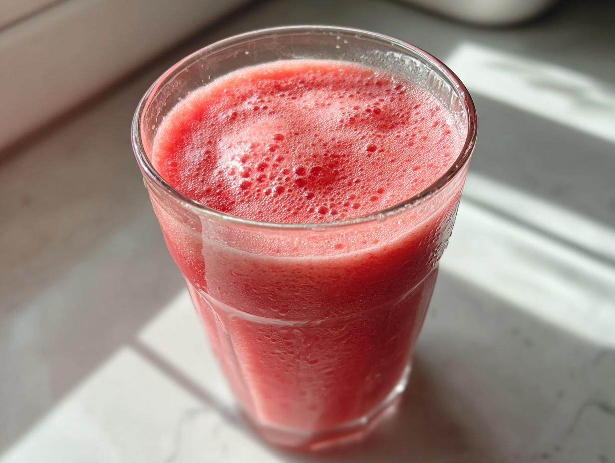 Close-up of a tall glass filled with a vibrant pink watermelon smoothie, showing foam on top.